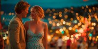 Young couple sharing romantic moment at evening outdoor event with warm bokeh lights creating intimate atmosphere for wedding or date night celebration.