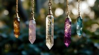 Colorful crystal pendants hanging on chains against blurred natural background, featuring amethyst, rose quartz, citrine and aquamarine healing stones in point cut.