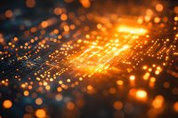 Glowing orange circuit board with bokeh light effects in dark background creates futuristic technology concept for digital transformation and AI computing.