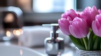 Pink tulips in modern kitchen with soap dispenser and blurred background creating elegant home decor atmosphere for spring interior design concepts.