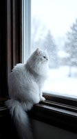 Fluffy white long-haired cat sitting on windowsill gazing at snowy winter landscape outside. Cozy indoor pet scene for seasonal and home decor projects.
