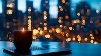 Steaming coffee cup silhouette against blurred city lights and bokeh background creates cozy evening atmosphere. Laptop keyboard visible in moody blue tones.