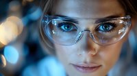 Young female scientist wearing protective eyewear in laboratory setting with blue bokeh background, close up portrait showing confidence and expertise in research environment.