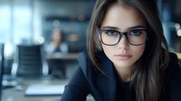 Young Caucasian businesswoman wearing glasses in modern office environment, looking directly at camera with confident expression. Professional corporate portrait.