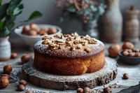 Homemade hazelnut cake dusted with powdered sugar on rustic wooden board, decorated with whole nuts, moody food photography styling.