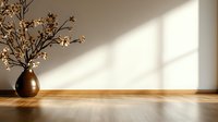 Minimalist interior with window light casting shadows on white wall, wooden floor and brown ceramic vase with dried flowers creating zen atmosphere.