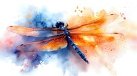 Watercolor dragonfly with translucent orange wings against blue and orange abstract background with artistic paint splashes and soft color transitions.