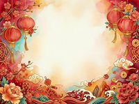 Red lanterns, peonies, and gold ornaments frame a luminous center space with warm watercolor gradients, ideal for lunar new year celebrations, greeting cards, and festive design projects.