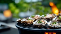 Fresh oysters grilling on barbecue with herbs and spices, steam rising from shellfish. Outdoor cooking with bokeh lights and green background creates gourmet atmosphere.