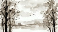 Sepia watercolor landscape with bare trees framing distant mountains and flying birds in monochromatic earth tones creating peaceful natural scenery.