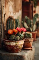 Blooming cacti in rustic terracotta pots against weathered wall, vibrant orange and red flowers contrast with spiny green plants.
