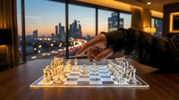 Businessman playing chess in luxury office with city skyline view at sunset, strategic thinking and decision making in corporate environment.