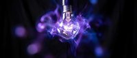 Glowing light bulb surrounded by purple and blue electric energy flames on dark background for creative innovation and bright ideas concepts.