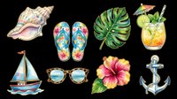 Tropical summer vacation elements collection isolated on transparent background, ready for t-shirt design, clipart, stickers, sublimation and print-on-demand products.