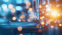 Sparkling particles emanate from industrial machinery against blurred blue and orange bokeh background, creating atmospheric industrial science scene.