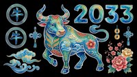 Colorful Chinese zodiac ox clipart set with 2033 number, floral elements, knots, and clouds, isolated on transparent background, for T-shirts, stickers, print on demand.
