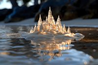 Illuminated sand castle on beach shore with glowing warm light and mirror reflection in water during sunset creating magical atmosphere.