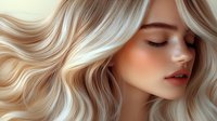 Young woman with flowing blonde hair featuring platinum highlights and caramel lowlights, showcasing natural freckles and soft makeup for beauty advertising.