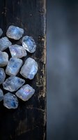 Raw moonstone crystals scattered on weathered wooden surface with soft natural lighting creating mystical atmosphere for spiritual healing practices.