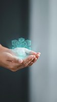 Close-up of human hand holding glowing holographic cube blocks representing data storage, blockchain technology, and digital innovation for business solutions.