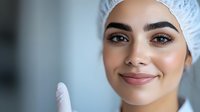 Young female medical professional wearing protective cap and gloves smiling confidently at camera. Close up portrait showing warm, friendly expression against blue background.