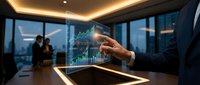 Businessman analyzing financial data on holographic display in modern office with city skyline view during evening hours for investment decisions.