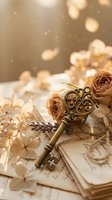 Antique brass ornate key resting on vintage handwritten letters with dried roses, lavender, and hydrangea petals in warm golden light.