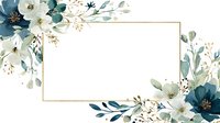 Elegant watercolor floral frame with teal blue and white flowers, gold border, and eucalyptus leaves on white background. Perfect for wedding invitations.