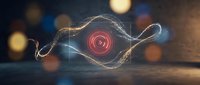 Futuristic digital eye with glowing red iris surrounded by flowing data streams and particles against dark bokeh background for technology concepts.