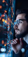 Young man with beard and glasses analyzing digital data visualization with glowing blue and orange interface reflected in his eyewear.