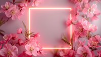 Glowing neon square frame surrounded by delicate pink cherry blossoms on blurred background, perfect for romantic social media banner or spring season promotion design.