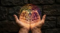 Hands holding glowing sacred geometry symbol with golden light effects against dark textured background for spiritual and metaphysical concepts.