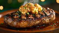 Juicy grilled ribeye steak with caramelized crust topped with roasted garlic and fresh herbs on rustic plate against dark background with bokeh lights.