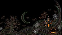 Halloween night scene with haunted house, jack-o-lantern, spooky tree, bats, spider webs and crescent moon on black background for seasonal decorations.