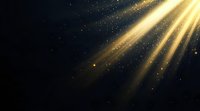 Golden light rays pierce through darkness with floating dust particles creating magical atmospheric effect against black background. Suitable for spiritual designs.