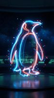 Glowing neon penguin outline with electric blue and pink light trails against starry night sky background for digital art and futuristic design projects.