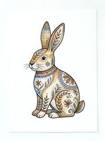 Decorative rabbit with ornamental patterns and botanical details in warm earth tones, isolated on white background for design projects, greeting cards, and textile applications.