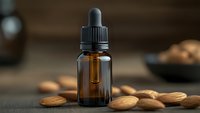 Amber glass dropper bottle with essential oil surrounded by almonds on wooden surface for natural skincare and aromatherapy applications.