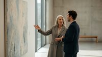Mature blonde businesswoman presenting strategy on whiteboard to male colleague in modern office meeting room for corporate planning session.