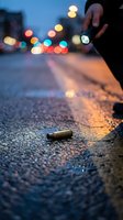 Person with flashlight examining bullet casing on wet asphalt street at night with blurred city lights creating atmospheric crime scene investigation backdrop.