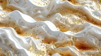Luxurious white and gold abstract waves with glitter particles creating elegant flowing pattern. Soft cream texture with golden sparkles for luxury design background.