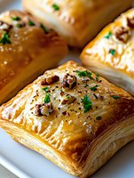 Golden flaky puff pastry squares topped with fresh herbs, sea salt and crushed walnuts on white plate. Close up view shows delicate layered texture and glossy finish.