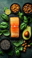 Fresh raw salmon fillet with healthy ingredients - avocado, spinach leaves, lime, almonds and chia seeds on dark green background. Clean eating concept.