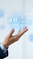 Businessman hand presenting holographic data analytics dashboard with charts and graphs floating above palm against cloudy sky background.