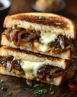 Grilled cheese sandwich with caramelized onions and melted cheese on toasted bread, stacked and garnished with fresh herbs, served on wooden surface.