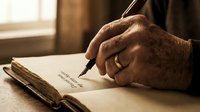 An older male hand with wrinkles and a gold ring writes in an open notebook with a fountain pen, capturing a moment of reflection, journaling, or correspondence in warm indoor lighting.
