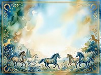 Herd of horses galloping through meadow with ornamental floral border frame, watercolor style artwork for equestrian decor and design projects.