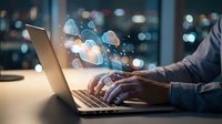 Professional working on laptop with digital network icons and glowing connections in modern office environment for business technology concepts.