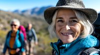 Active senior Caucasian woman with gray hair and straw hat smiling during mountain hike, wearing blue jacket. Group of hikers in background enjoying outdoor adventure.