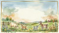 Watercolor farm animals grazing in pastoral countryside landscape with rolling hills, wooden fence, and wildflowers during golden hour sunset.